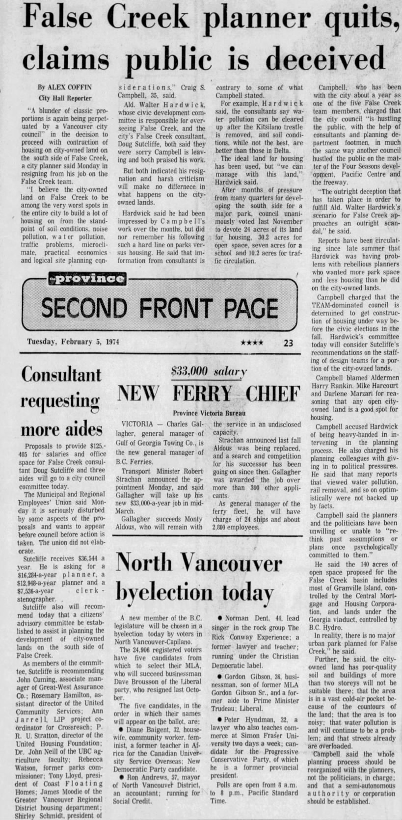 False Creek planner quits, claims public is deceived - The Province, 05 Feb 1974
