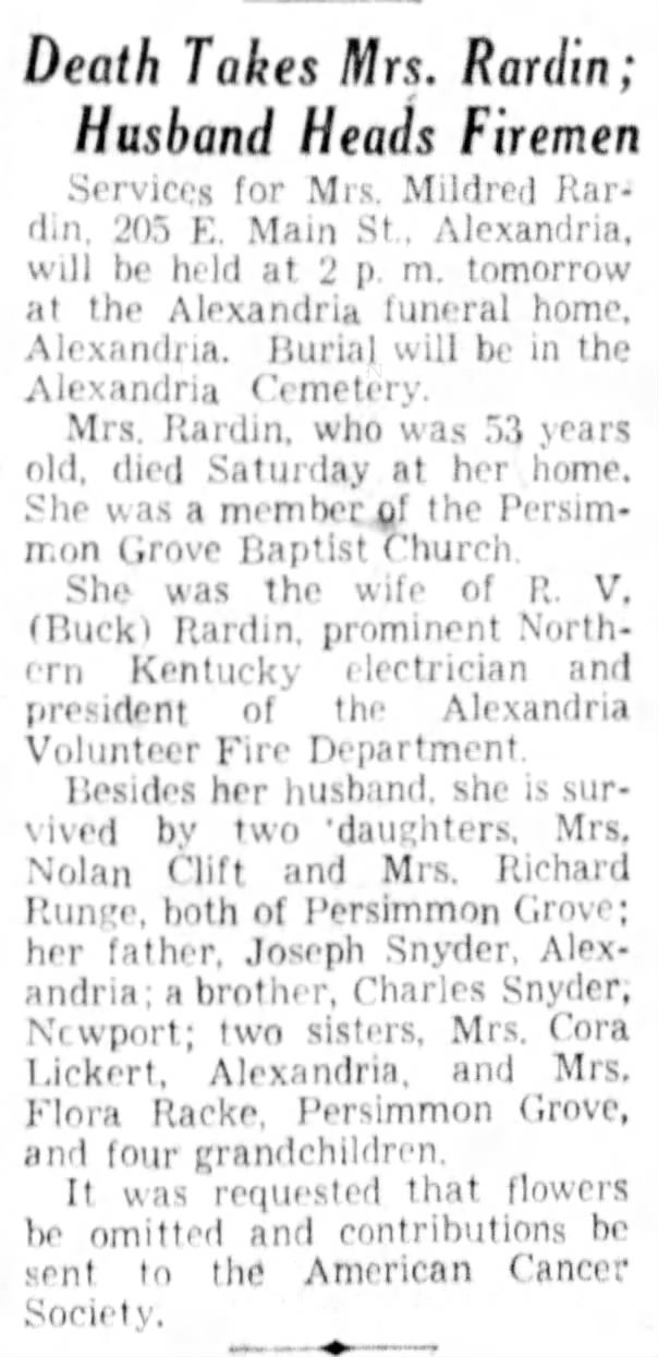 Mildred M. Snyder Rardin obituary, daughter of Joseph and Nettie Yelton Snyder