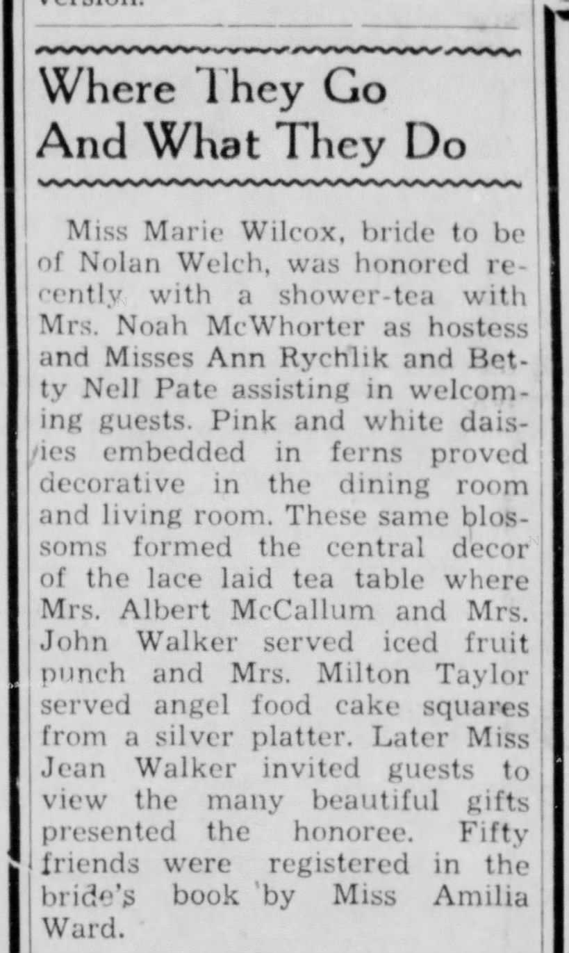 Marie Wilcox Welch wedding shower.