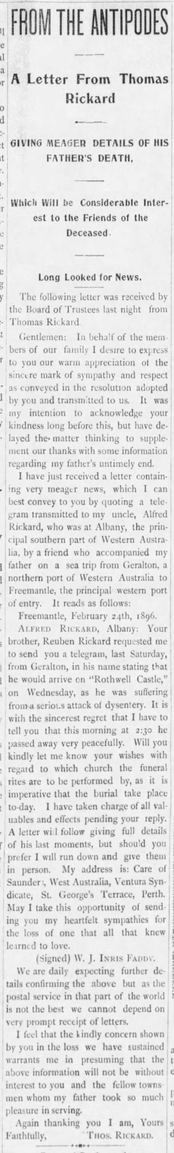 From the Antipodes, A Letter from Thomas Rickard