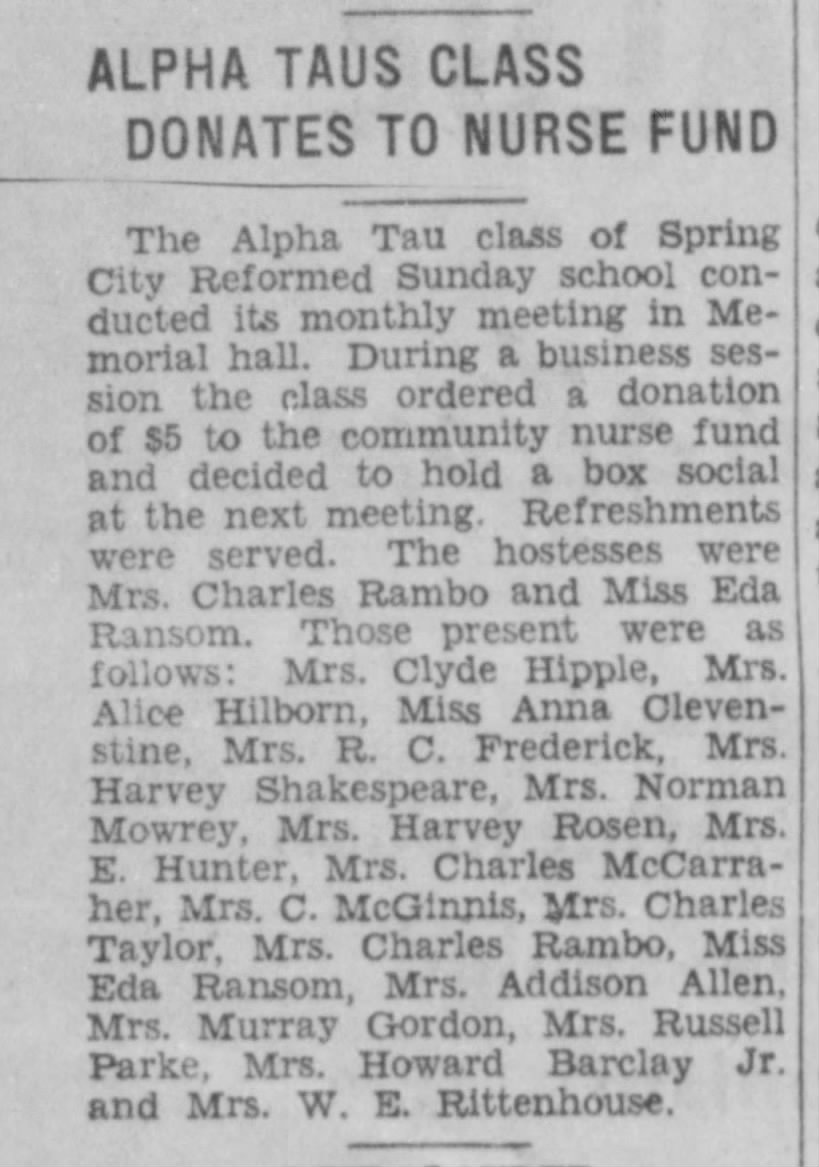 Pottstown Mercury April 4, 1936 - Alpha Taus Class Donates to Nurse Fund (Ida Ransom)