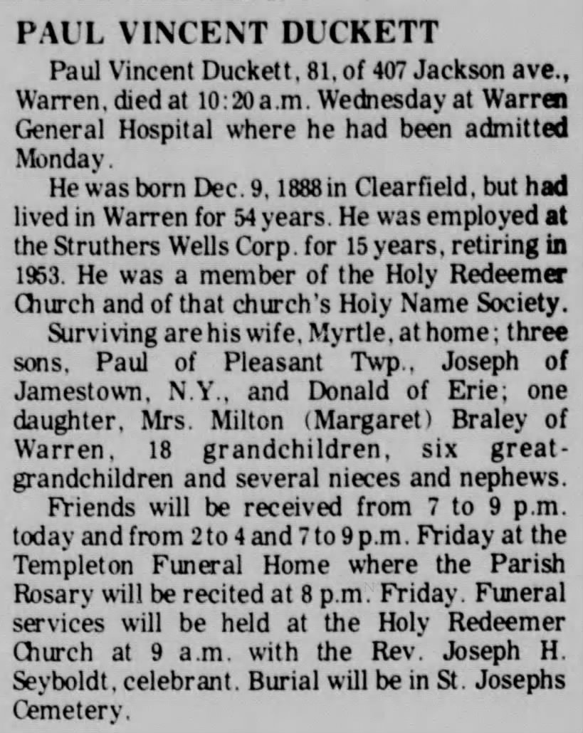Obituary Paul Duckett 29 Oct 1970