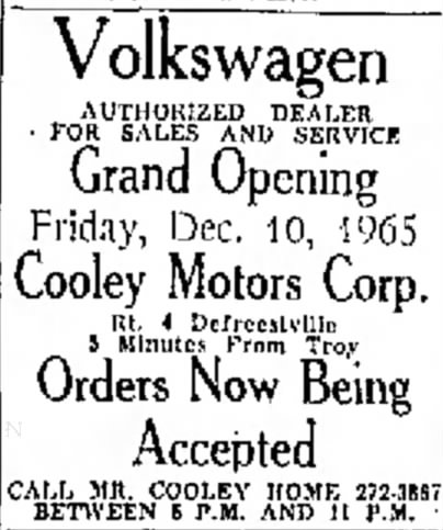 Nov 25 1965 - Grand Opening Announcement - Cooley Motors Corp