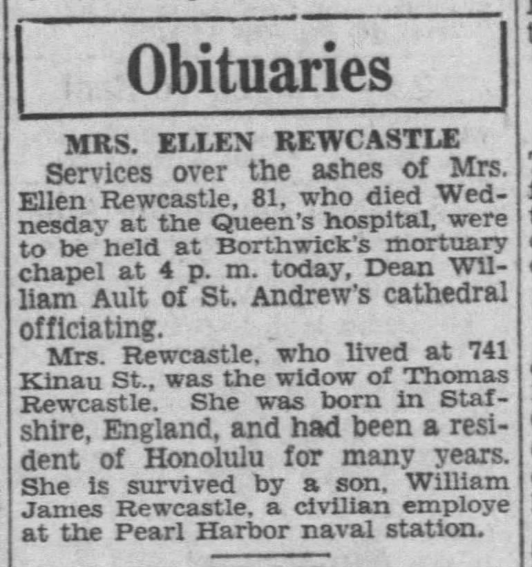 Ellen REWCASTLE (nee KEELING, i302347, dau of Elizabeth KEELING nee GOTHAM) - obituary