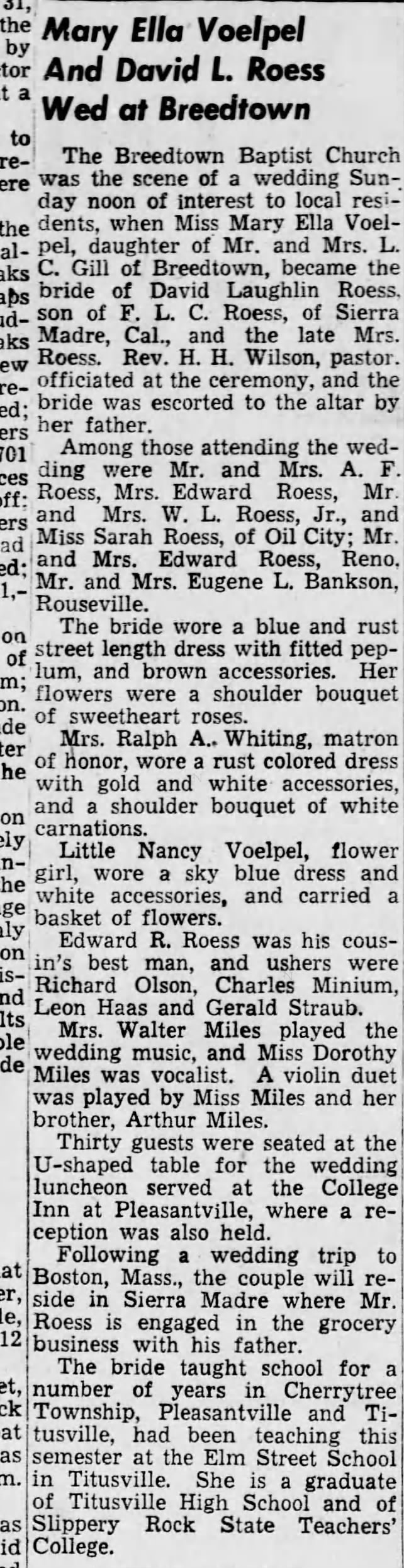 Roess-Voelpel Wed 23 Jan 1949, The News-Herald, Franklin, PA, pg 9