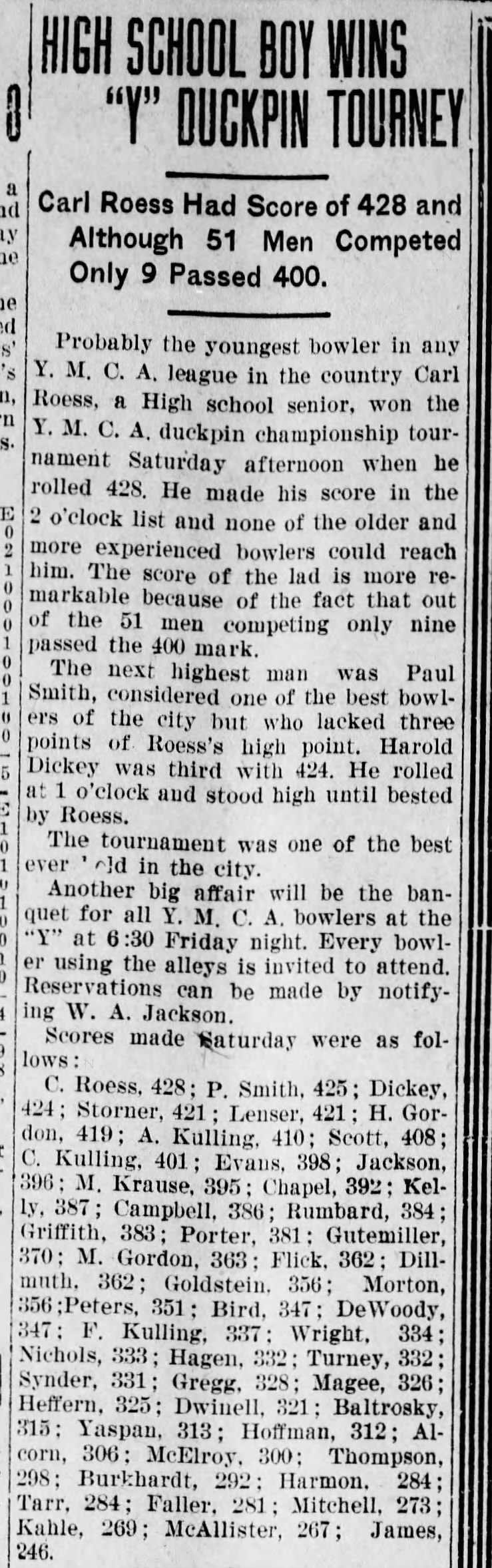 Carl Roess Wins Bowling Tournament, The News-Herald, 23 Apr 1923, pg 10