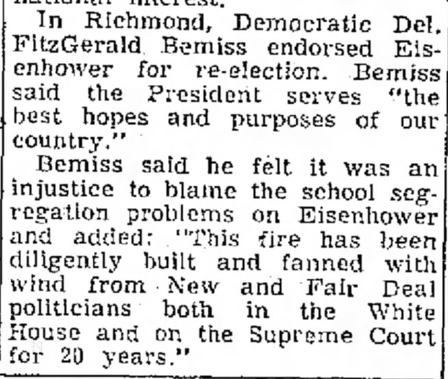 FB endorses Ike in 1956.  He blames segregation problems on liberal Democrats over past 20 years.