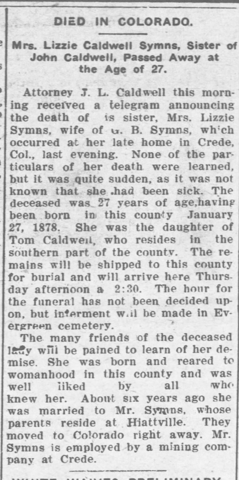 Lizzie Caldwell Symns obituary 1905
