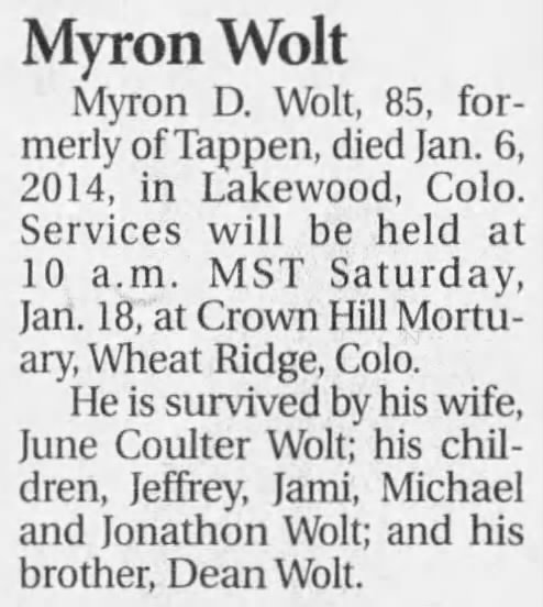 Obituary for Myron D. Wolt (Aged 85)