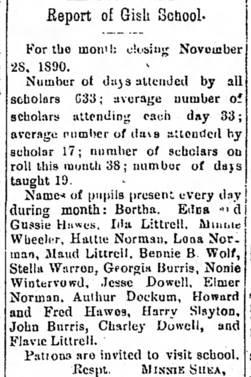 For month of 28 Nov 1890-Georgia & John Burris-Gish School
