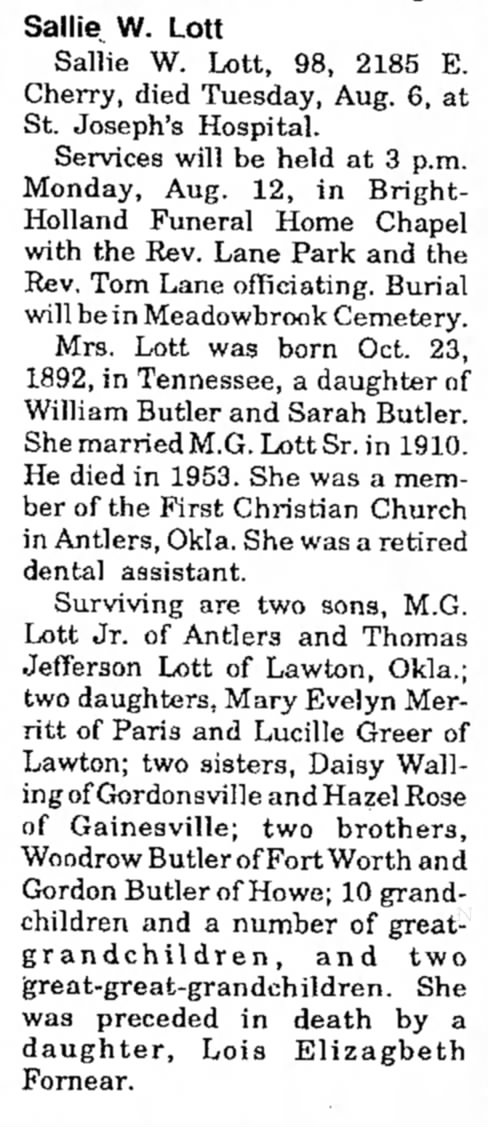 Sallie Will (Butler) Lott (1892-1991) Obituary The Paris News (Paris, TX) 08 Aug 1991 Thu pg 2