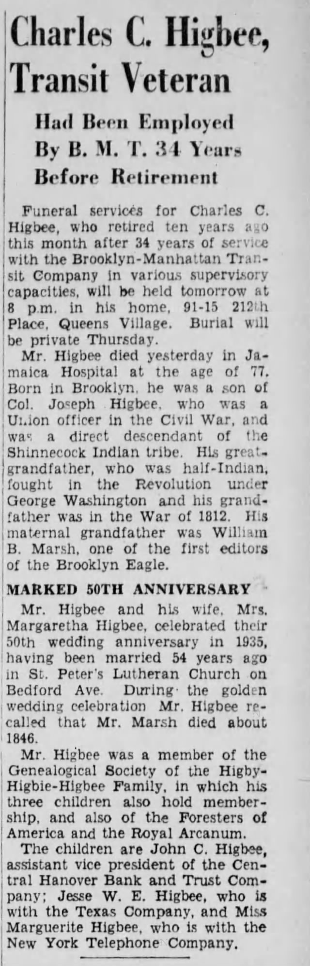 Charles C. Higbee, obituary, The Brooklyn Daily Eagle, 10 October 1939, page 11.