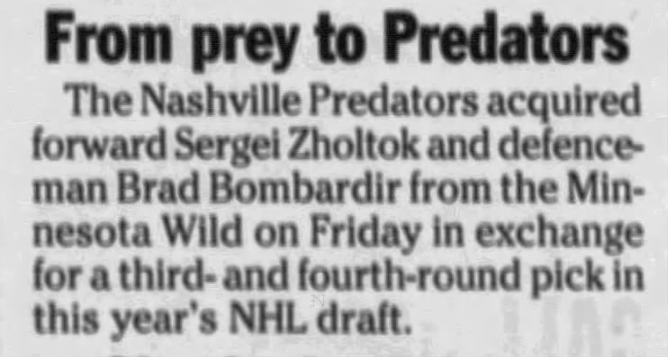 Brad Bombardir traded to Predators