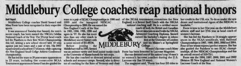 Middlebury College coaches reap national honors