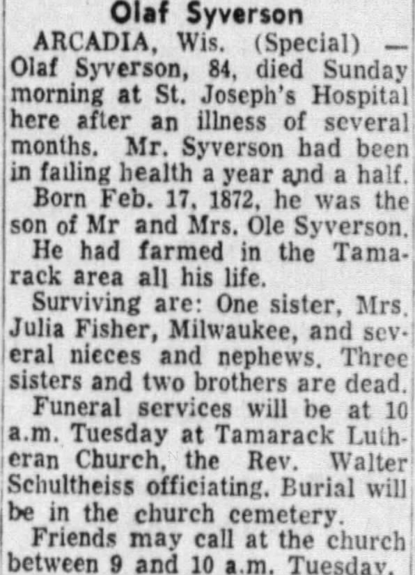 Obituary for Olaf Syverson (Aged 84)