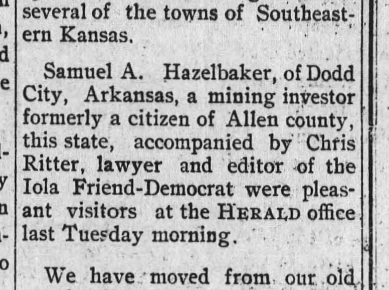 Samual A Hazelbaker visitor notice
The Tri-City Herald Nove 21, 1902