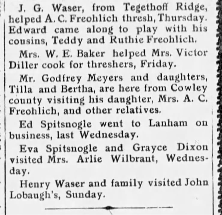 J G Waser Helped A C Freohlich Thresh - July 1914, Washington County, Kansas