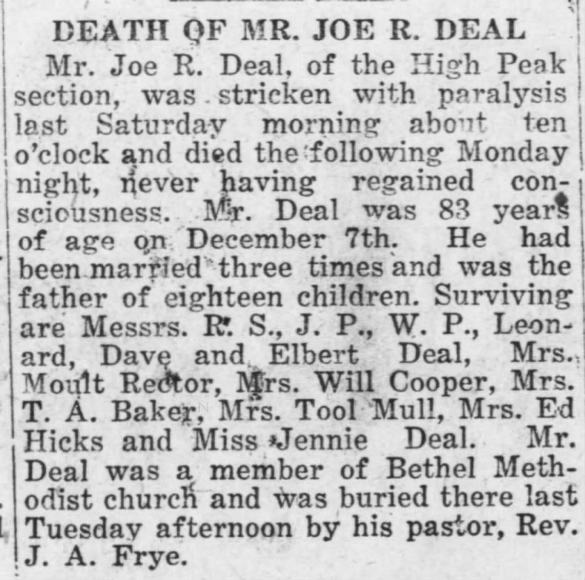 Joe Deal death notice