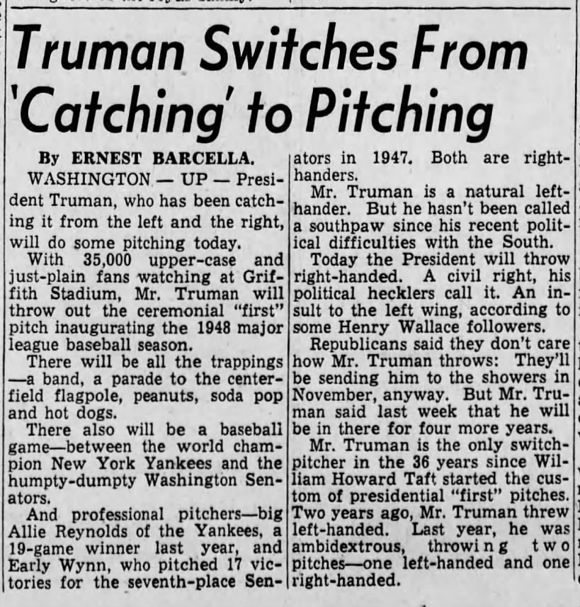 President Truman - Switch Pitcher 1948