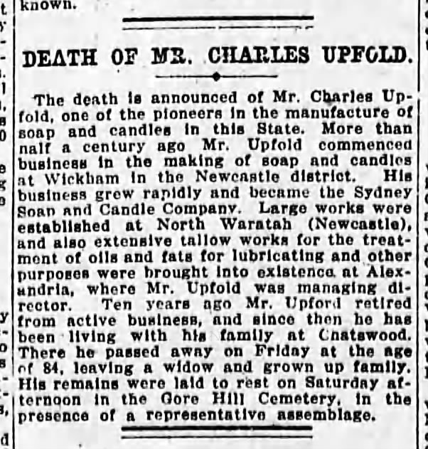 Death of Mr. Charles Upfold - soap and candle manufacturer in Australia