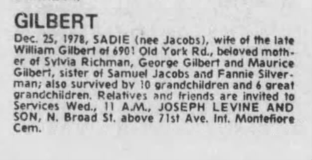 Death of Sadie Jacobs Gilbert. 25 Dec 1978