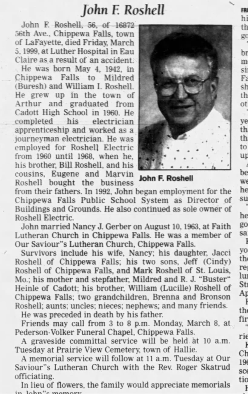 Obituary for John F. Roshell, 1942-1999 (Aged 56)