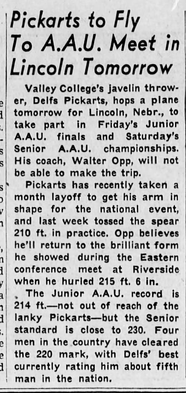 Pickarts to Fly to AAU Meet in Lincoln Tomorrow - 2 July 1947
