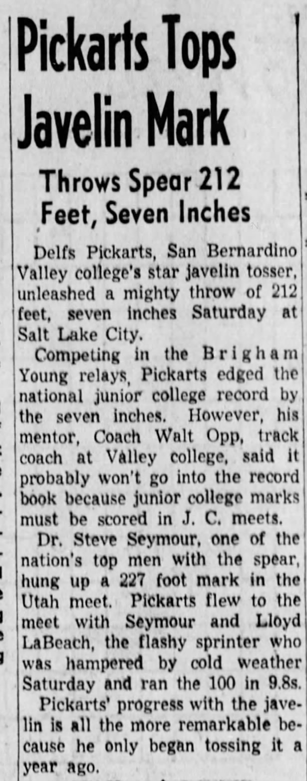 Pickarts Tops Javelin Mark - San Bernardino County Sun 27 April 1948