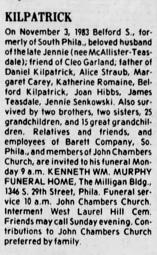 Belford Kilpatrick obituary 05 Nov 1983 Courier-Post (Camden, NJ)