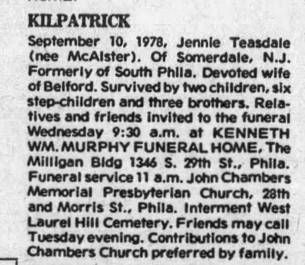 Jennie McAllister Teasdale Kilpatrick Obituary 11 Sep 1978 Courier Post (Camden, NJ)