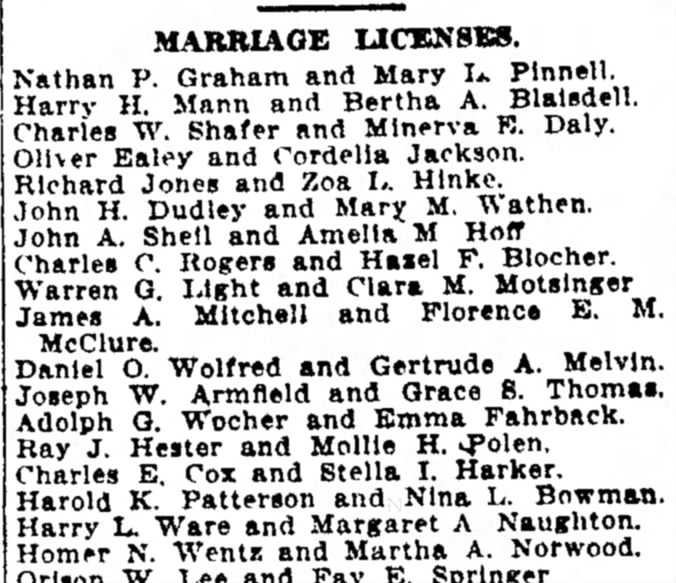 Indpls Star, 15 June 1911, p 11. Marriage Licenses. Adolph G. Wocher and Emma Fahrbach.