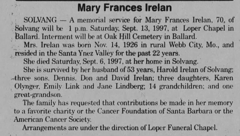 Obituary for Mary Frances Irelan, 1926-1997 (Aged 70)