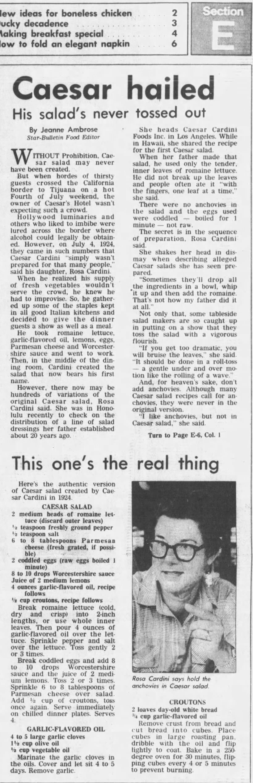 Rosa Cardini, Caesar Salad by Jeanne Ambrose, Honolulu Star-Bulletin, June 3, 1987