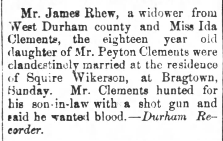 James Rhew & Ida Clements
Western Sentinel October 20, 1887