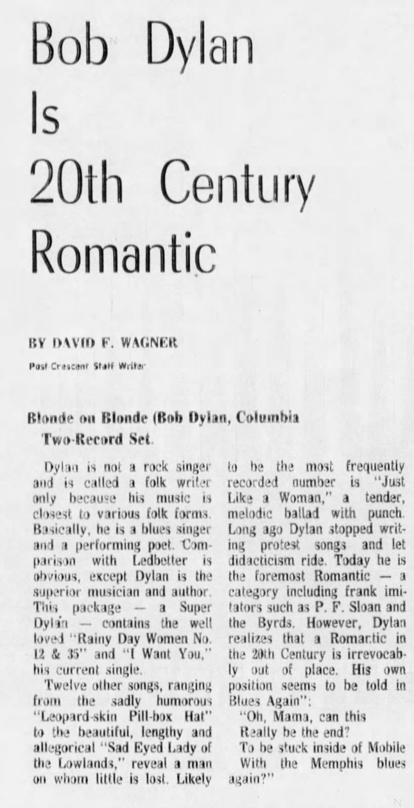 Bob Dylan is 20th Century Romantic