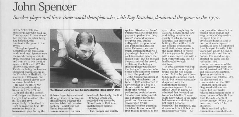 Obituary for John Spencer Snooker (Aged 71)