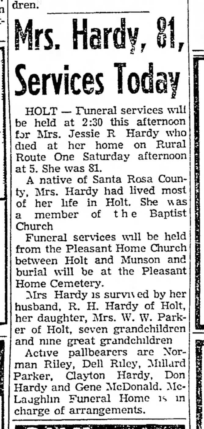 Jessie Hardy funeral notice
