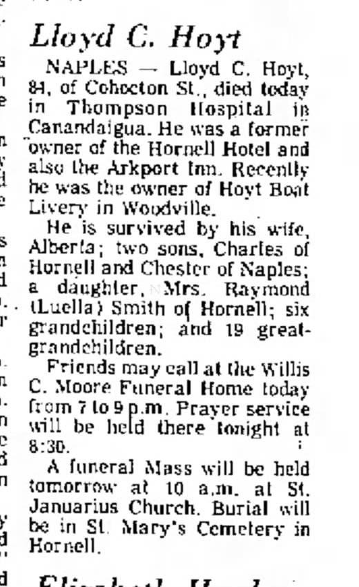 The Daily Messenger Canandaigua Aug 15, 1975
Lloyd C Hoyt Obituary
