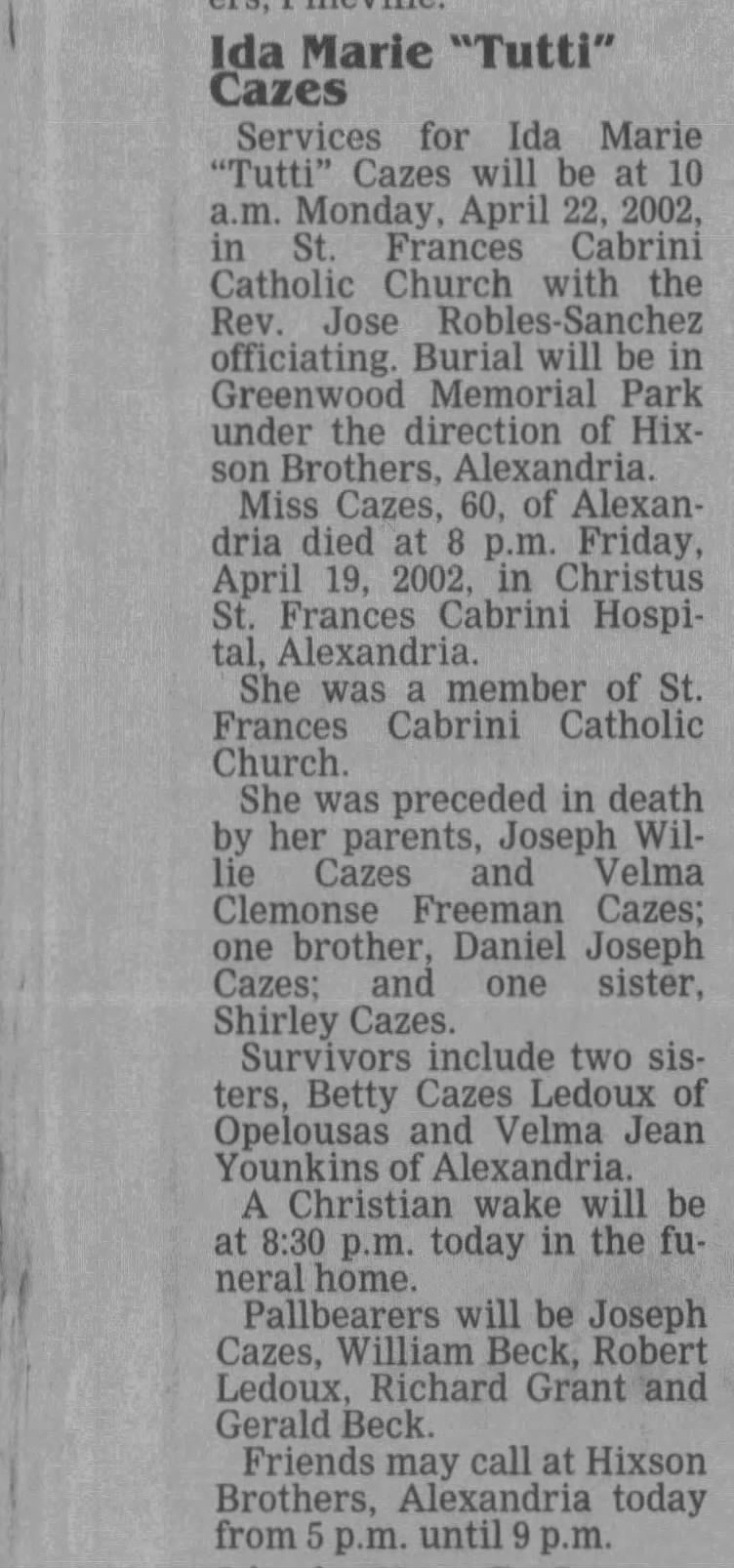 Death of Shirley Cazes' sister, Ida Cazes