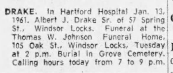 Albert Drake Death Notice Hartford Courant 16 Jan 1961