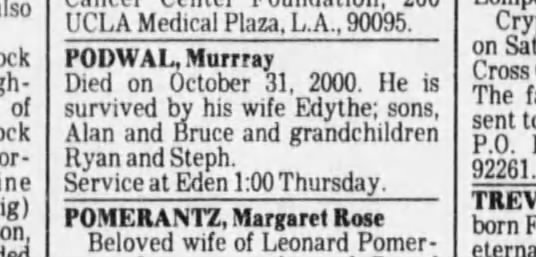 Murray Podwal 2000 LA, CA obit