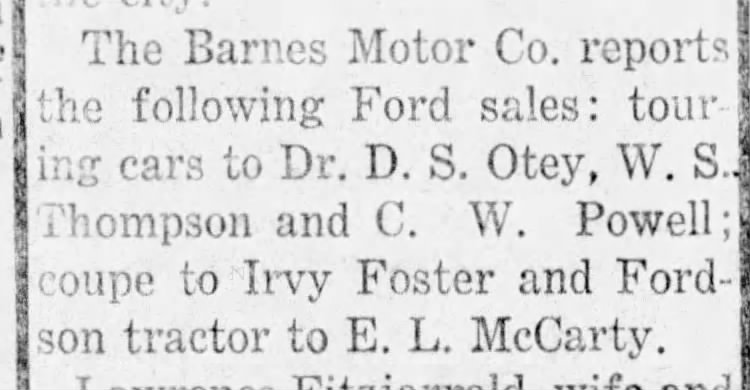 C. W. Powell purchases touring car from Barnes Motor Co. Elk City, Kansas