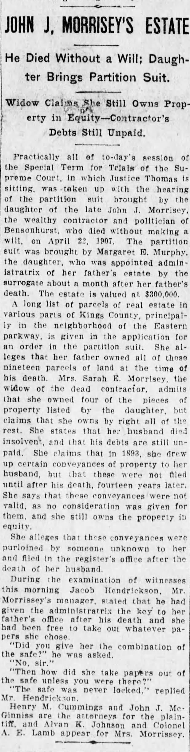 The Brooklyn Eagle March 9 1909. Margaret Murphy Lawsuit of John J Morrissey estate.