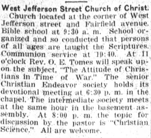 2 June 1917 Fort Wayne Daily News "The Attitude of Christians in Time of War"