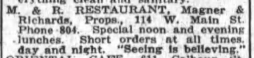 Add for Magner and Richards Restaurant.  Wonder what Magner this was...