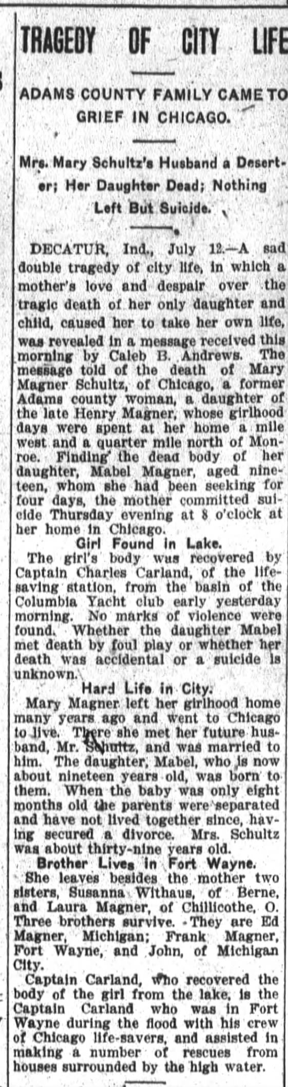 Suicide of Mary Magner after death of daughter Mabel Magner.
