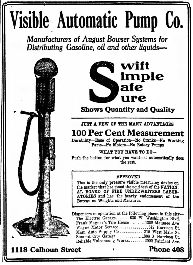 "Visible Automatic Pump Co." in use at Frank Magner's Tire House.