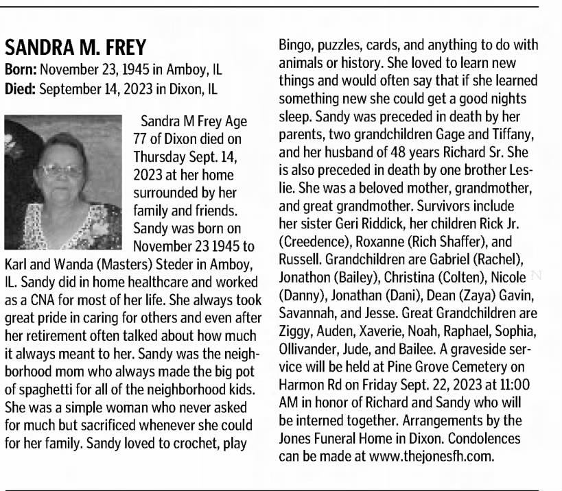 SterG-2023-0919-pA10-Obituary-Mrs  Sandra M Steder Frey, Pine Grove Cemetery