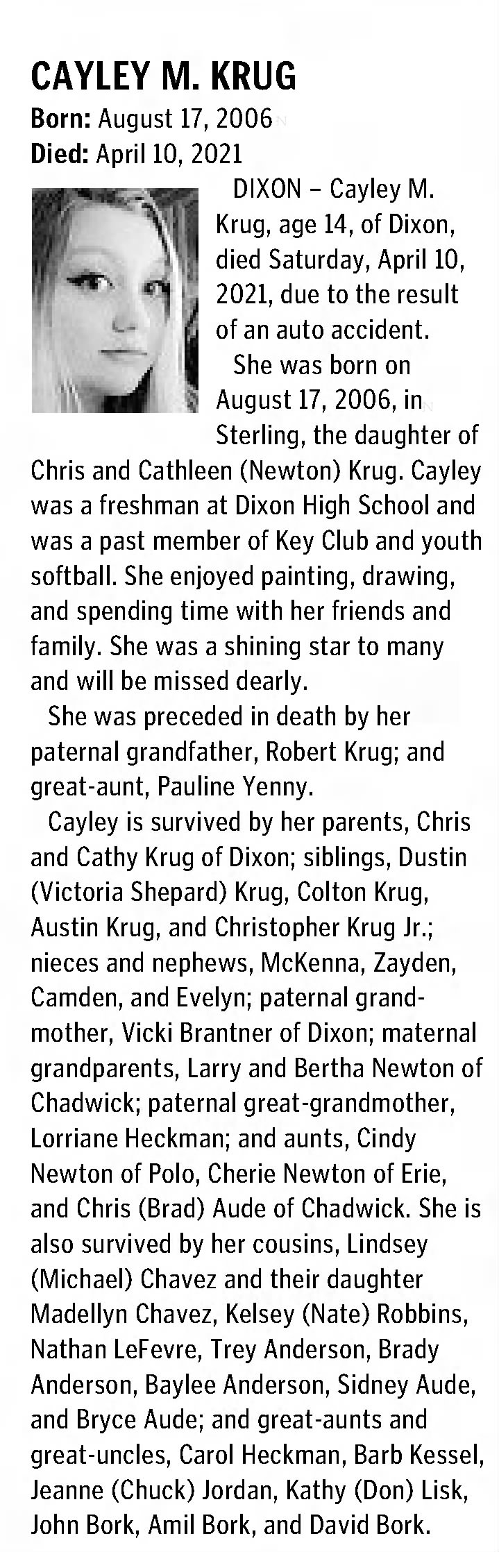 SterG-2021-0414-pA9-Obituary-Miss Cayley M Krug, Pine Grove Cemetery, pt 1