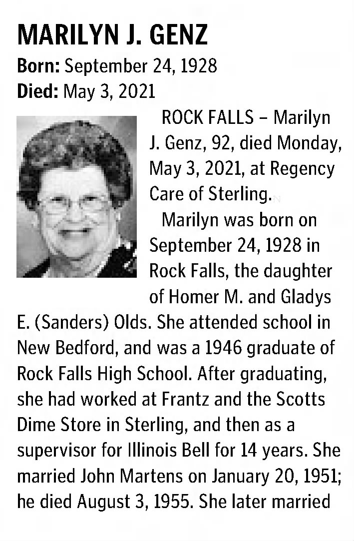SterG-2021-0505-pA9-Obituary-Mrs Marilyn J Olds Martens Genz, Pine Grove Cemetery, pt 1